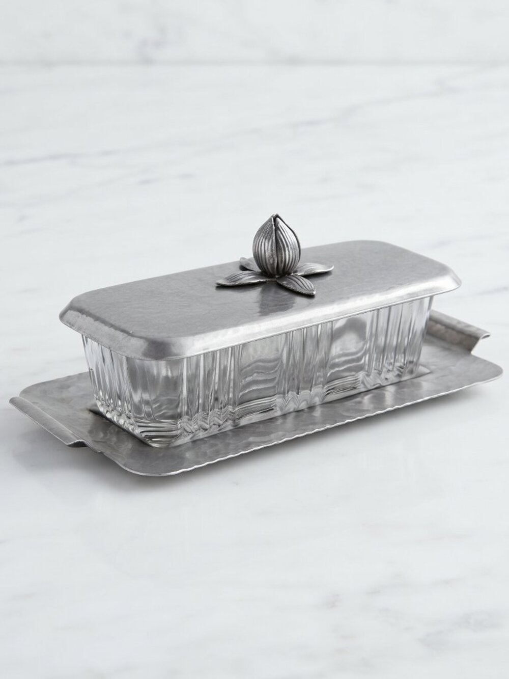 VTG Mid-Century Classic Hammered Metal Butter Dish w/ Glass Insert & Floral Lid